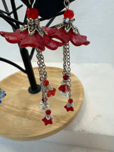 Hand painted lucite flower ear rings in Victorian fashion with chez flower dangles