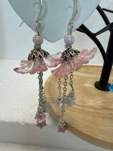 Hand painted lucite flower ear rings in Victorian fashion with chez flower dangles