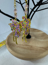 Gold patterned clay filled butterflies earrings in pinks and blues