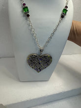Silver Filigree Heart Necklace: Patterned Polymer Clay, Purple & Green Beads