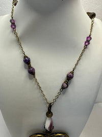 Bronze Filigree Heart Necklace: Patterned Polymer Clay, Purple Beads