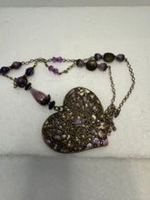 Bronze Filigree Heart Necklace: Patterned Polymer Clay, Purple Beads