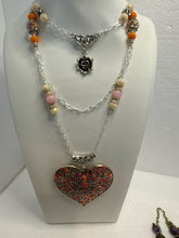 Silver Filigree Heart Necklace: Patterned Polymer Clay, Rose Pendant