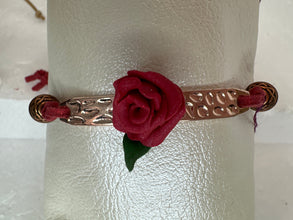 Handmade Polymer Clay Rose Bracelet: Hammered Copper, Suede Cord