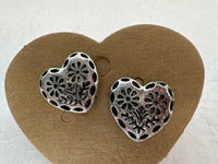 Silver plated heart shaped earrings engraved with flowers