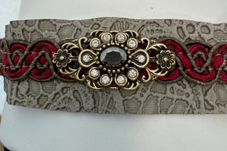 Cream and taupe lace patterned pleather bracelets adorned with Victorian style jewels