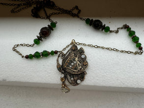 Antique Bronze Butterfly Necklace: Rhinestone Adorned, Long Length