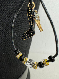 Black Leather High Heel Shoe Earrings: Beaded Fashion Jewelry