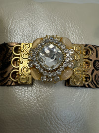 Floral Embossed Leather Bracelet: Vintage Gold Rhinestone Centerpiece