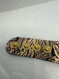 Floral Embossed Leather Bracelet: Vintage Gold Rhinestone Centerpiece