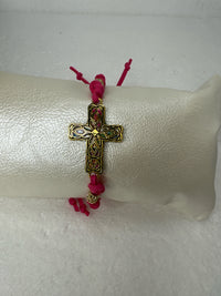 Gold Filigree Cross Bracelet: Pink Polymer Clay, Adjustable Cord