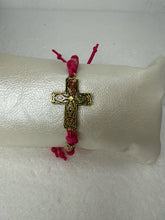 Gold Filigree Cross Bracelet: Pink Polymer Clay, Adjustable Cord