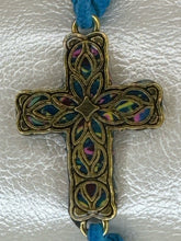 Gold Filigree Cross Bracelet: Blue Patterned Polymer Clay, Adjustable Cord