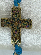Gold Filigree Cross Bracelet: Blue Patterned Polymer Clay, Adjustable Cord
