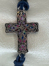Silver Filigree Cross Bracelet: Navy Blue Polymer Clay, Adjustable