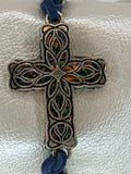 Silver Filigree Cross Bracelet: Navy Patterned Polymer Clay, Adjustable Cord