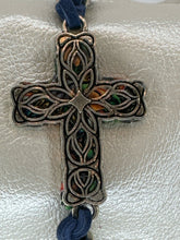 Silver Filigree Cross Bracelet: Navy Patterned Polymer Clay, Adjustable Cord