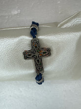 Silver Filigree Cross Bracelet: Navy Patterned Polymer Clay, Adjustable Cord