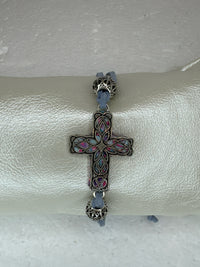 Silver Filigree Cross Bracelet: Light Blue Patterned Polymer Clay, Adjustable