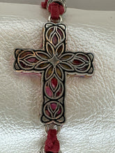 Silver Filigree Cross Bracelet: Red Patterned Polymer Clay, Adjustable Cord