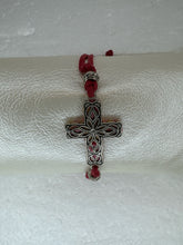 Silver Filigree Cross Bracelet: Red Patterned Polymer Clay, Adjustable Cord