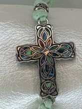 Filigree Cross Bracelet: Pale Green Patterned Polymer Clay, Adjustable Cord
