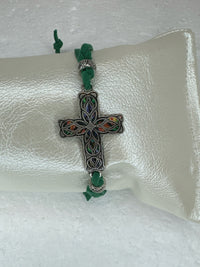 Silver Filigree Cross Bracelet: Green patterned Polymer Clay, Adjustable Cord