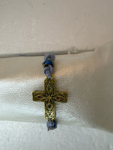 Gold Filigree Cross Bracelet: Light Blue Polymer Clay, Adjustable