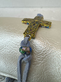 Gold Filigree Cross Bracelet: Light Blue Polymer Clay, Adjustable