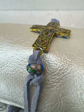 Gold Filigree Cross Bracelet: Light Blue Polymer Clay, Adjustable