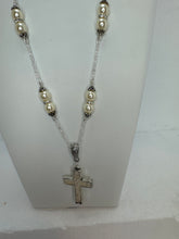 Silver Plated Cross Pendant: Embossed Leather, Victorian Pearl Chain