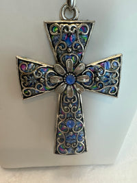 Silver Filigree Cross Necklace: Blue Patterned Polymer Clay Pendant, 28" Beaded Chain