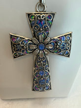 Silver Filigree Cross Necklace: Blue Patterned Polymer Clay Pendant, 28