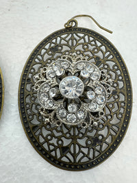 Antique bronze filigree boho chic earrings with rhinestone embellishments