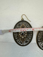 Antique bronze filigree boho chic earrings with rhinestone embellishments