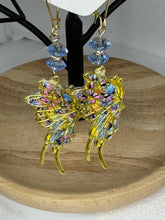 Gold patterned clay filled butterflies earrings in pinks and blues