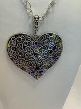 Silver Filigree Heart Necklace: Patterned Polymer Clay, Purple & Green Beads