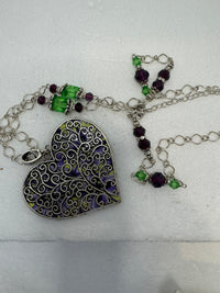 Silver Filigree Heart Necklace: Patterned Polymer Clay, Purple & Green Beads