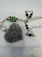 Silver Filigree Heart Necklace: Patterned Polymer Clay, Purple & Green Beads