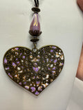 Bronze Filigree Heart Necklace: Patterned Polymer Clay, Purple Beads
