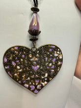 Bronze Filigree Heart Necklace: Patterned Polymer Clay, Purple Beads