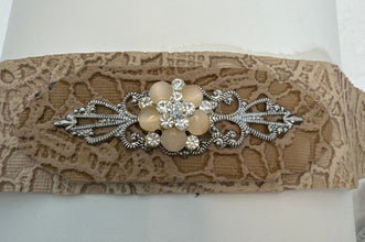 Cream and taupe lace patterned pleather bracelets adorned with Victorian style jewels