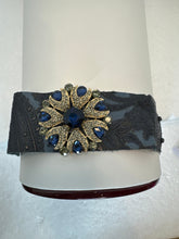 Vintage Blue Paisley Leather Bracelet: Gold Jewel Snap Closure