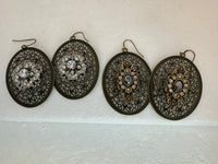 Antique bronze filigree boho chic earrings with rhinestone embellishments