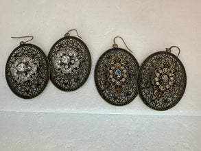 Antique bronze filigree boho chic earrings with rhinestone embellishments