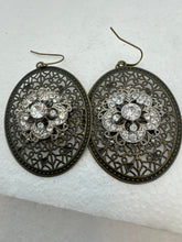 Antique bronze filigree boho chic earrings with rhinestone embellishments