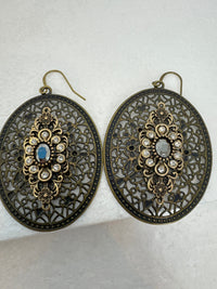 Antique bronze filigree boho chic earrings with rhinestone embellishments