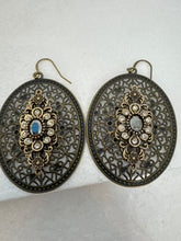 Antique bronze filigree boho chic earrings with rhinestone embellishments