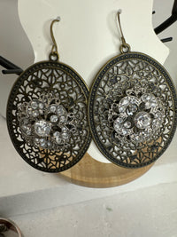 Victorian Style Antique Bronze Filigree Rhinestone Drop Earrings