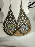 Victorian Antique Bronze Filigree Tear Drop Rhinestone Earrings